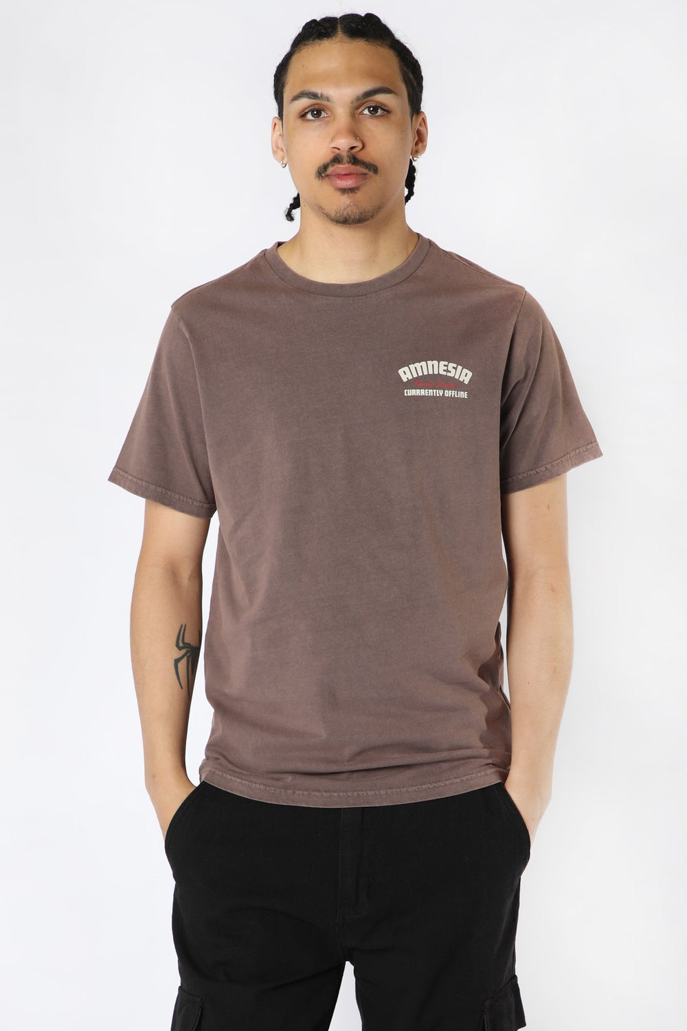 Amnesia Mens Pigment Washed Graphic T-Shirt Brown