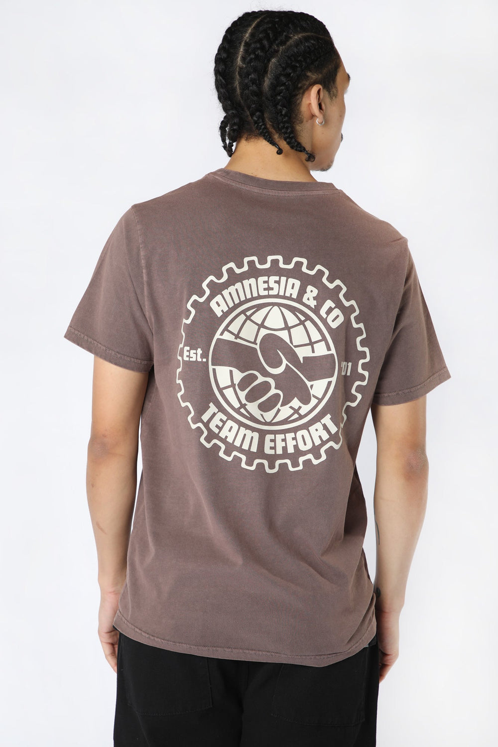 Amnesia Mens Pigment Washed Graphic T-Shirt Brown