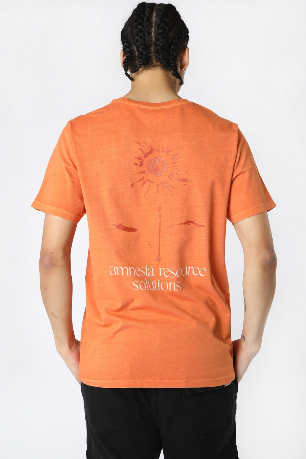 Amnesia Mens Pigment Washed Graphic T-Shirt Orange