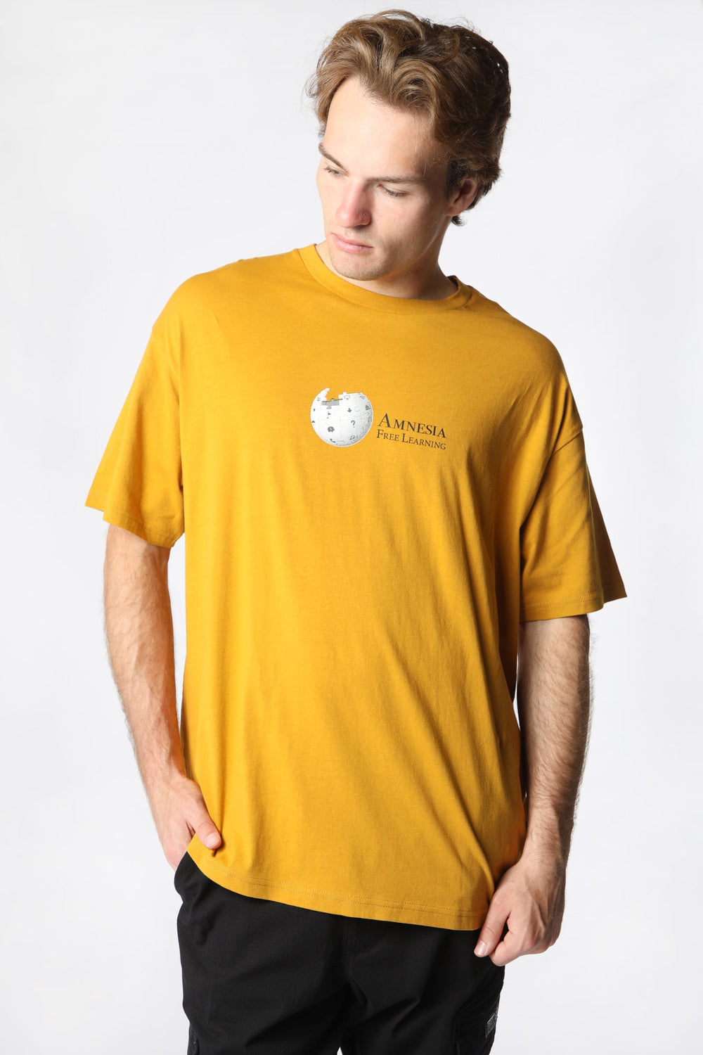 Amnesia Mens Graphic T-Shirt Mustard