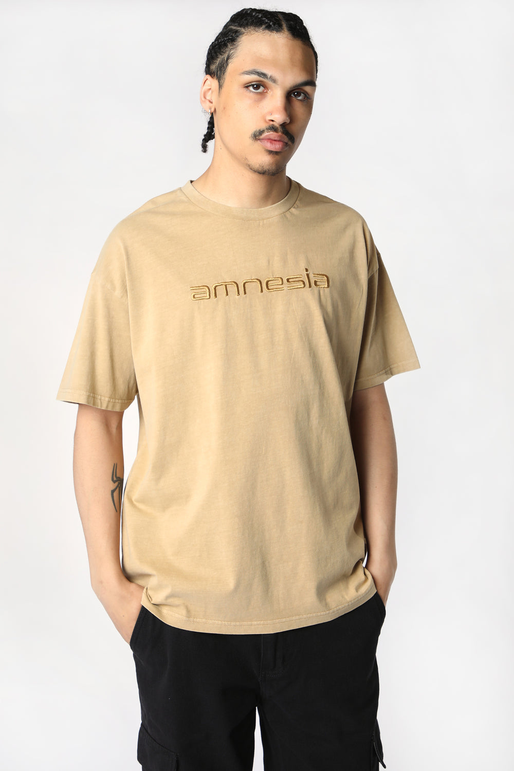 Amnesia Mens Pigment Washed Logo T-Shirt Natural