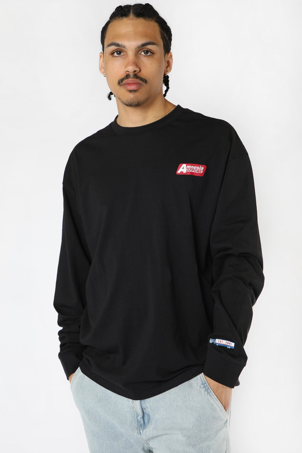 Amnesia Mens Graphic Long Sleeve Top Black