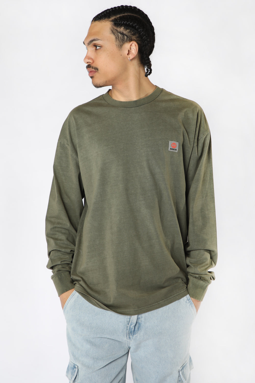 Amnesia Mens Pigment Washed Long Sleeve Top Dark Green