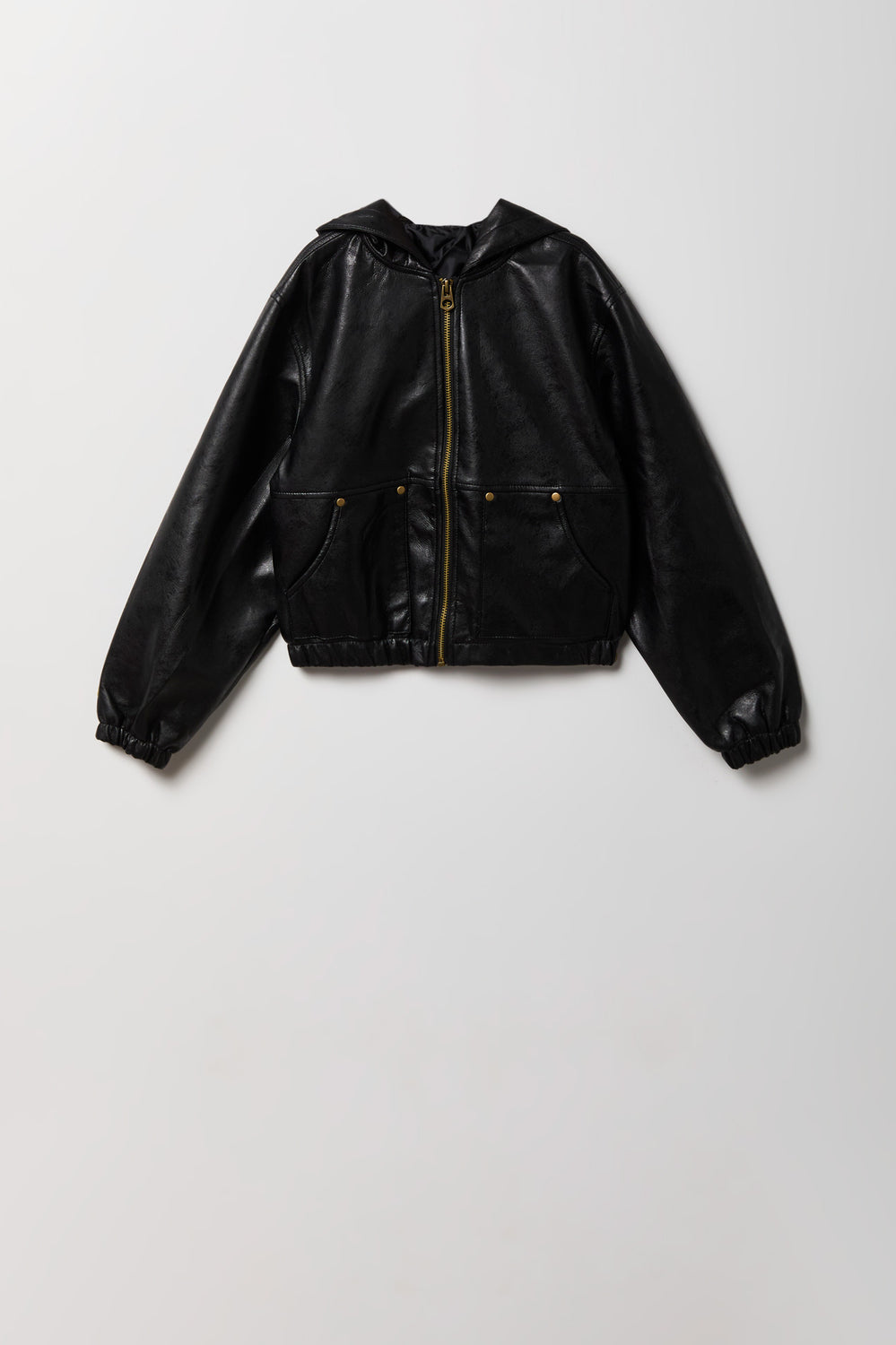 Youth Faux-Leather Hooded Bomber Jacket Youth Faux-Leather Hooded Bomber Jacket