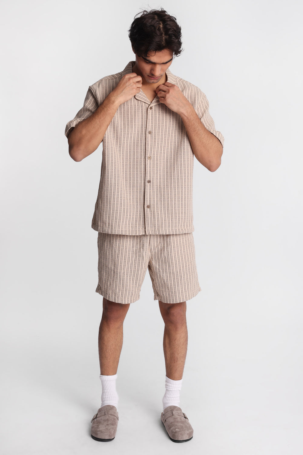 Textured Striped Short Sleeve Button-Up Shirt Textured Striped Short Sleeve Button-Up Shirt