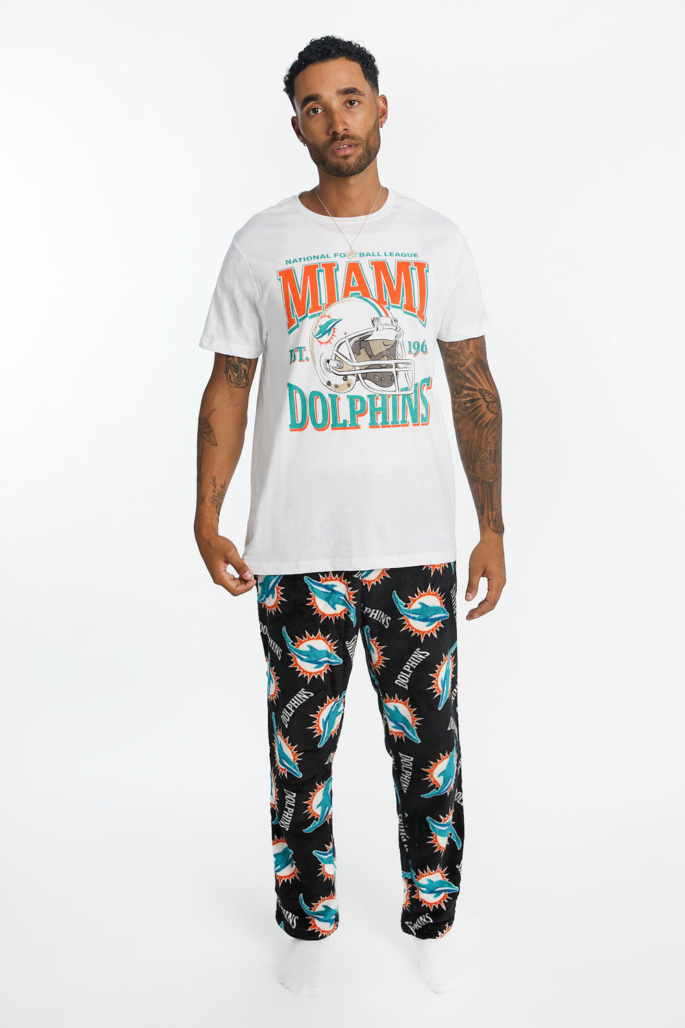 Mens Miami Dolphins 2-Piece Graphic Tee & Pajama Pant Set Mens Miami Dolphins 2-Piece Graphic Tee & Pajama Pant Set
