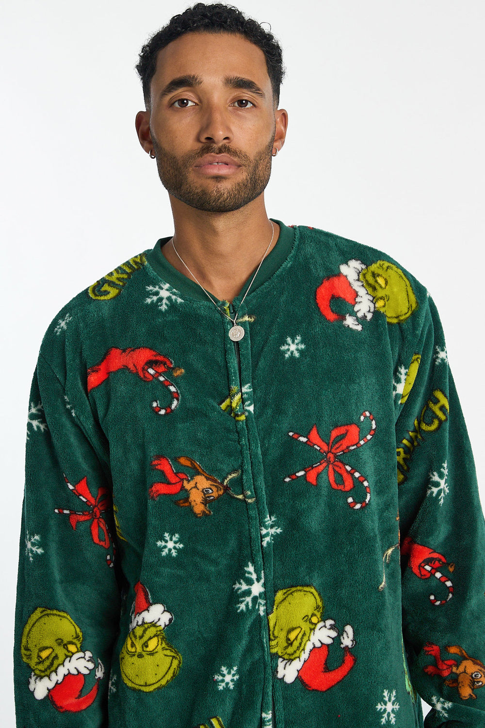 Mens The Grinch Snowflakes Plush Onesie Mens The Grinch Snowflakes Plush Onesie