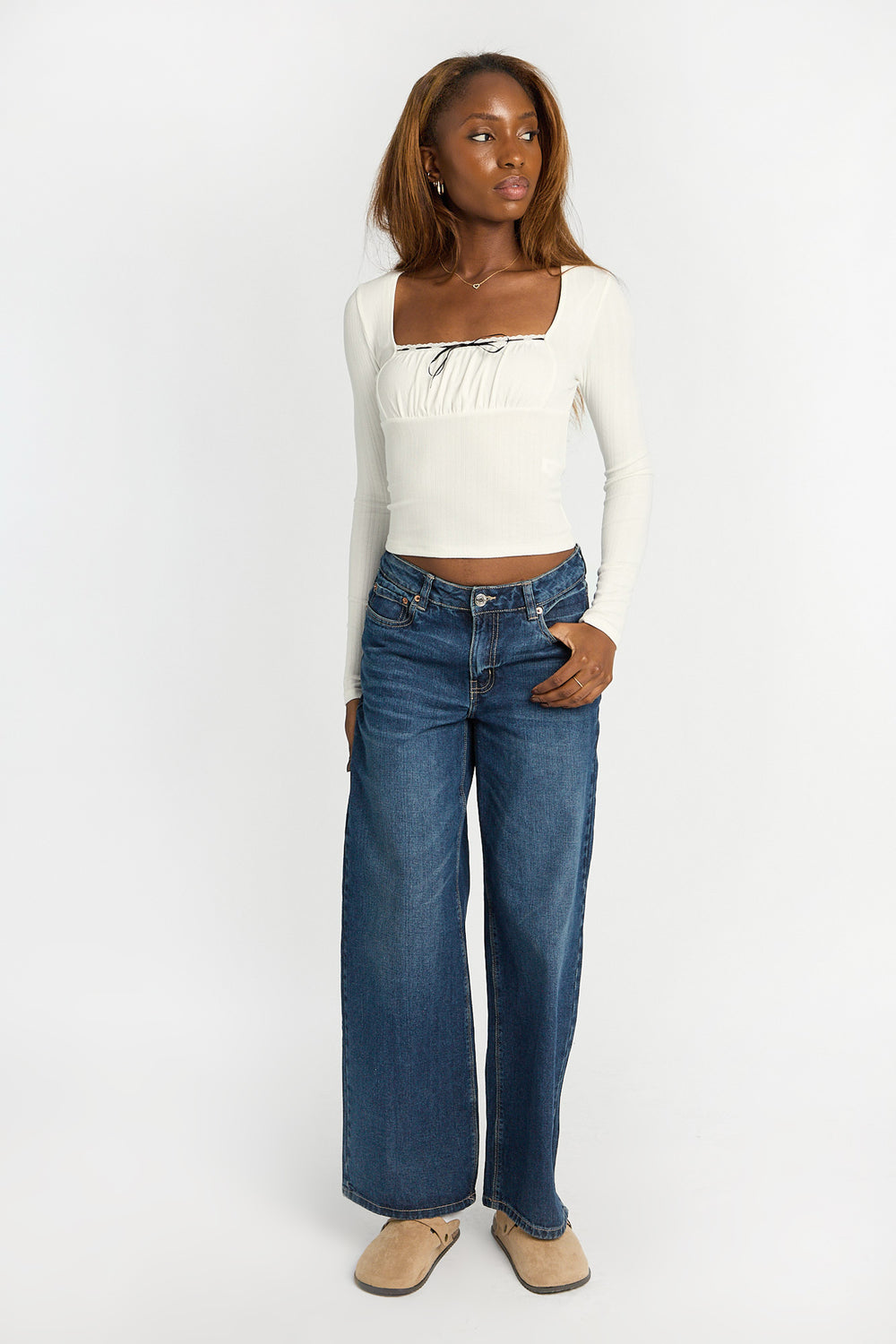 AERO Pointelle Long Sleeve Ruched Top AERO Pointelle Long Sleeve Ruched Top