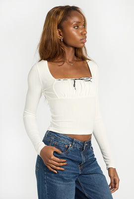 AERO Pointelle Long Sleeve Ruched Top