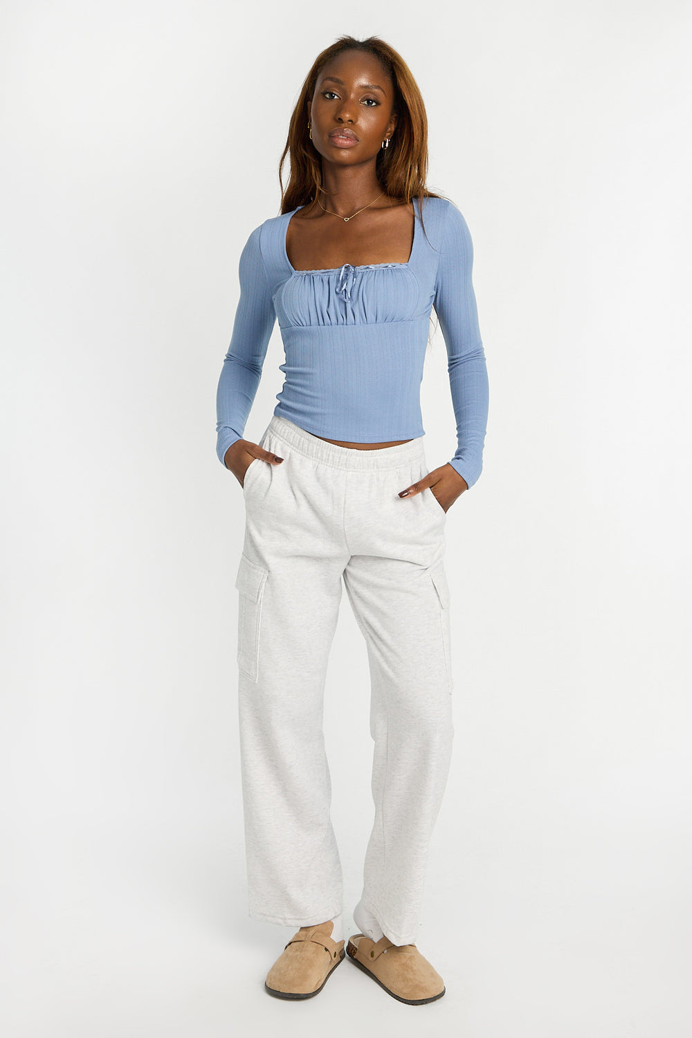 AERO Pointelle Long Sleeve Ruched Top AERO Pointelle Long Sleeve Ruched Top