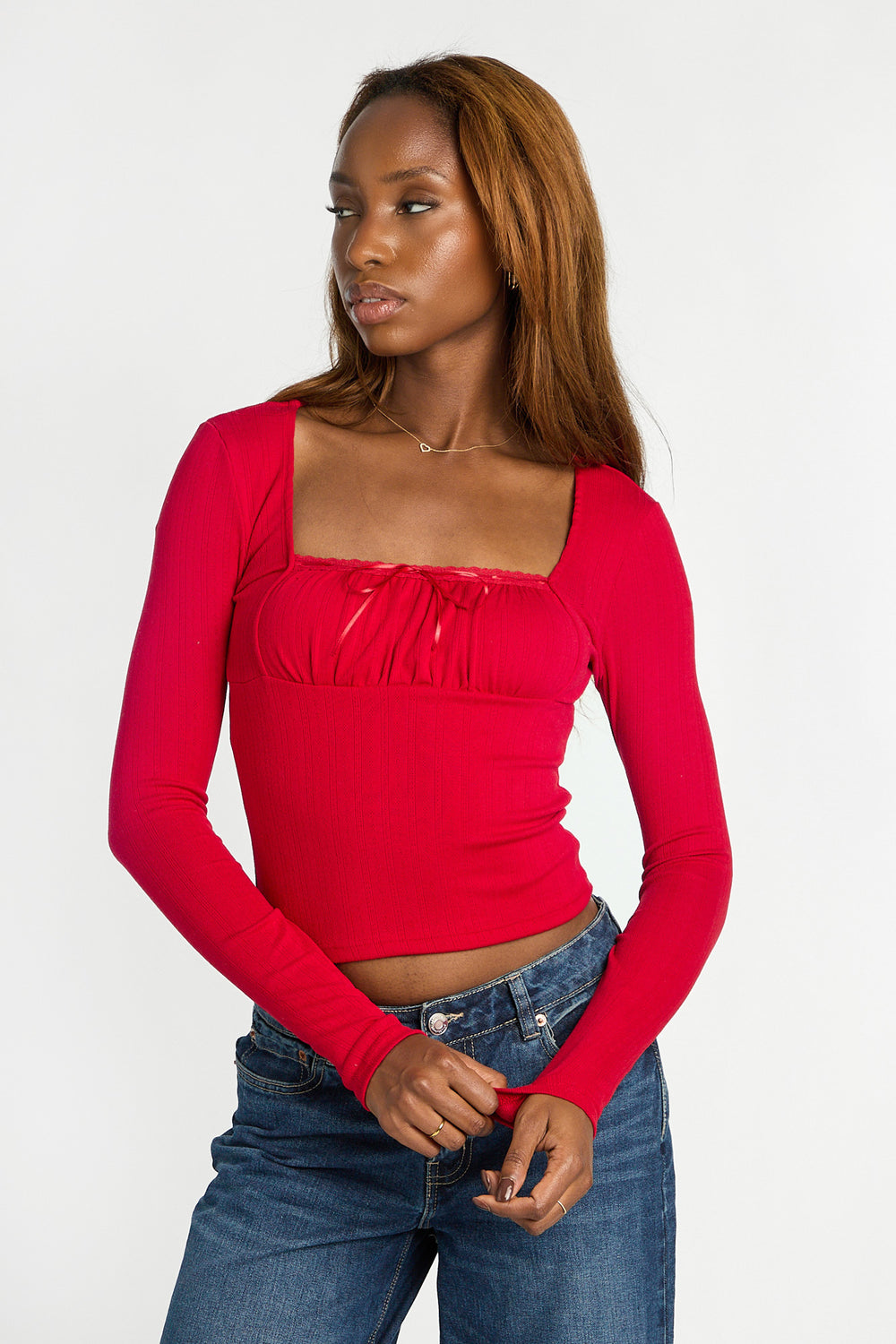 AERO Pointelle Long Sleeve Ruched Top AERO Pointelle Long Sleeve Ruched Top