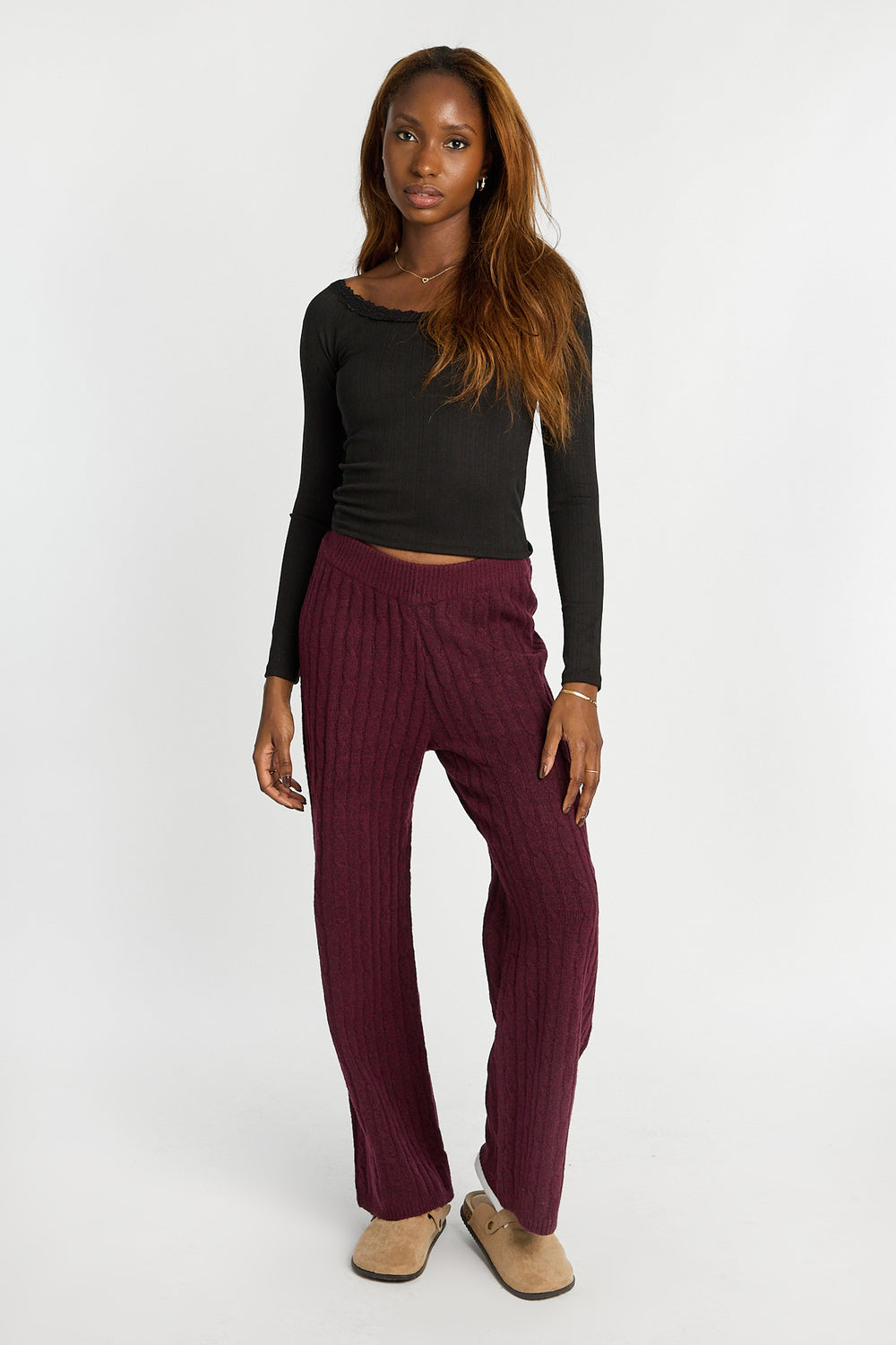 AERO Pointelle Knit Long Sleeve Off-Shoulder Top AERO Pointelle Knit Long Sleeve Off-Shoulder Top