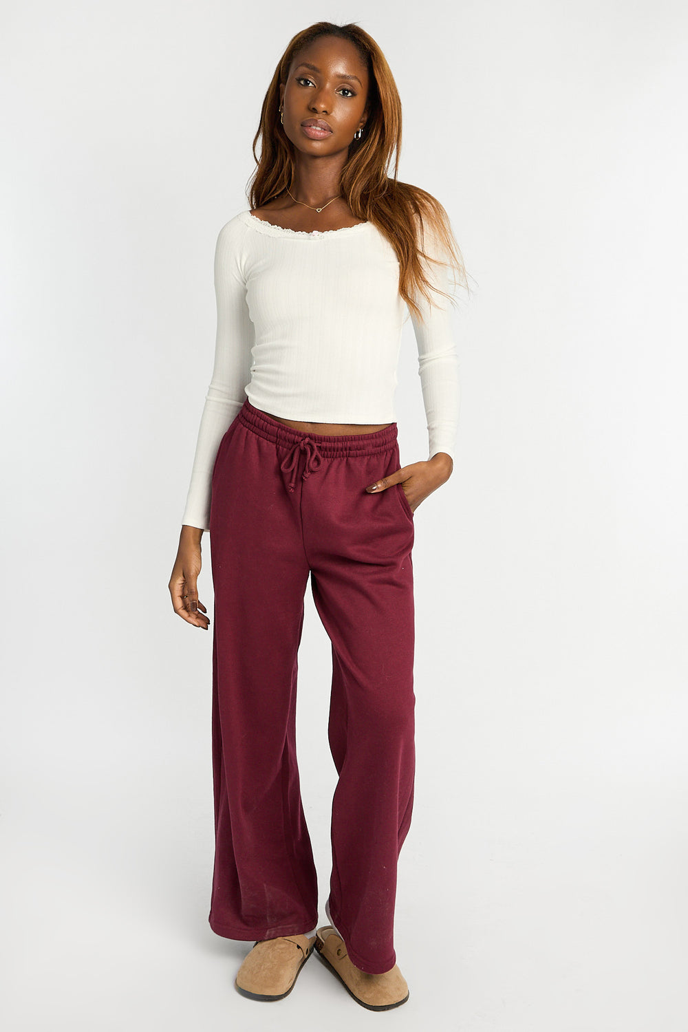 AERO Pointelle Knit Long Sleeve Off-Shoulder Top AERO Pointelle Knit Long Sleeve Off-Shoulder Top