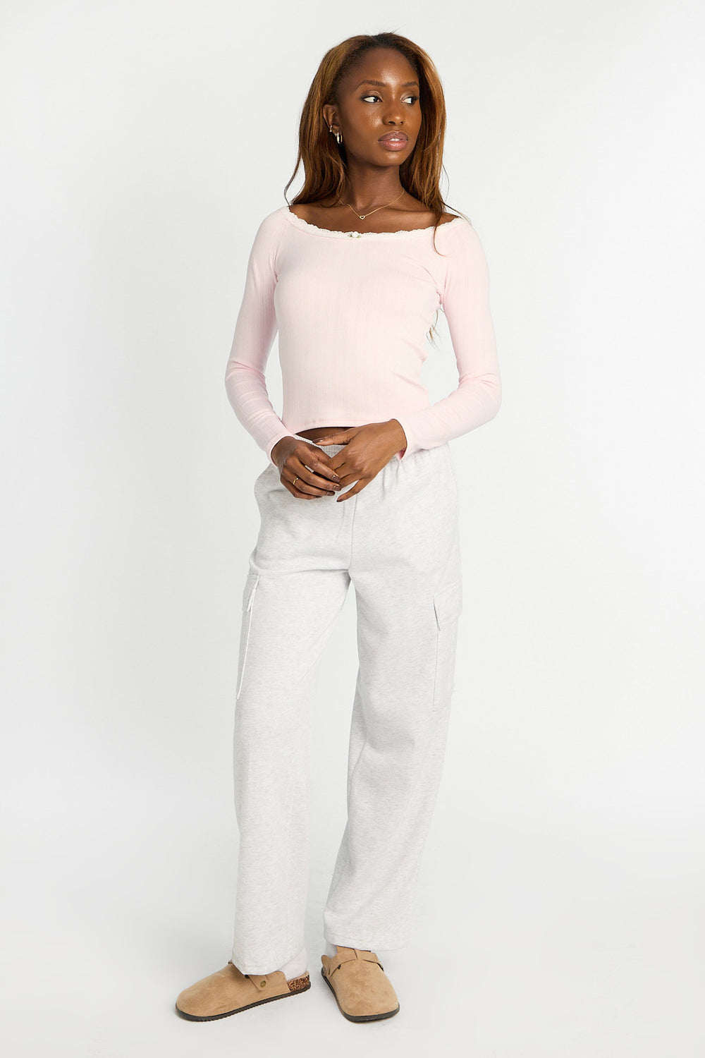 AERO Pointelle Knit Long Sleeve Off-Shoulder Top AERO Pointelle Knit Long Sleeve Off-Shoulder Top