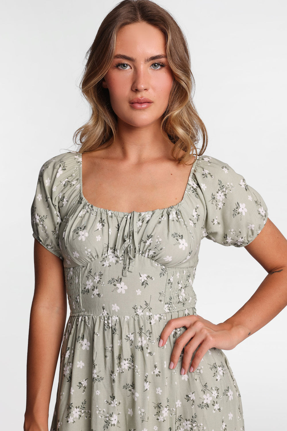 AERO Cap Sleeve Side Smocked Midi Dress AERO Cap Sleeve Side Smocked Midi Dress