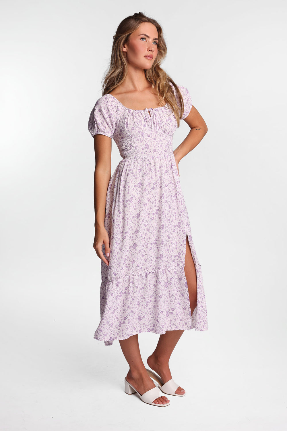 AERO Cap Sleeve Side Smocked Midi Dress AERO Cap Sleeve Side Smocked Midi Dress