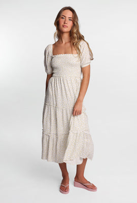 Robe midi à corps smocké à volants et manches courtes AERO