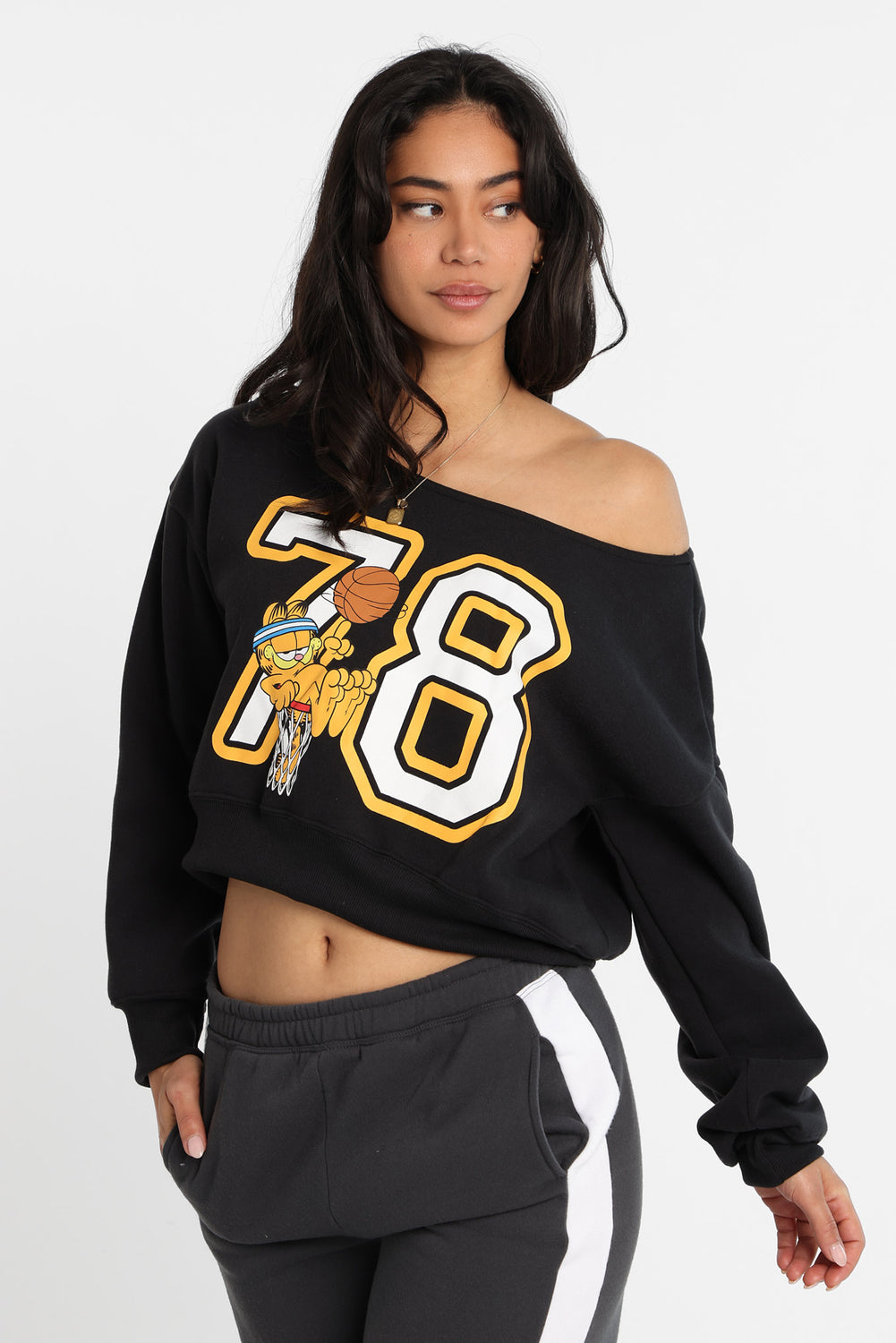 Sweatshirt à épaules dénudées imprimé Garfield 78 Sweatshirt à épaules dénudées imprimé Garfield 78