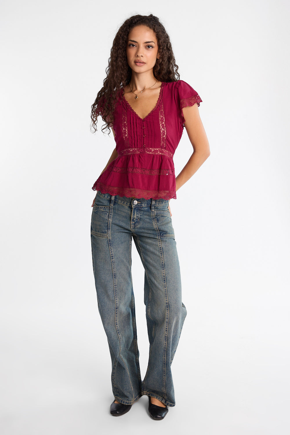 AERO Lace Panel Tie-Back Babydoll Top AERO Lace Panel Tie-Back Babydoll Top
