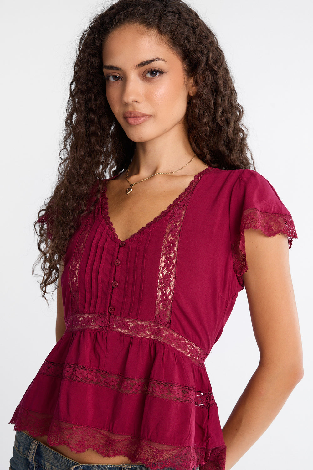 AERO Lace Panel Tie-Back Babydoll Top AERO Lace Panel Tie-Back Babydoll Top