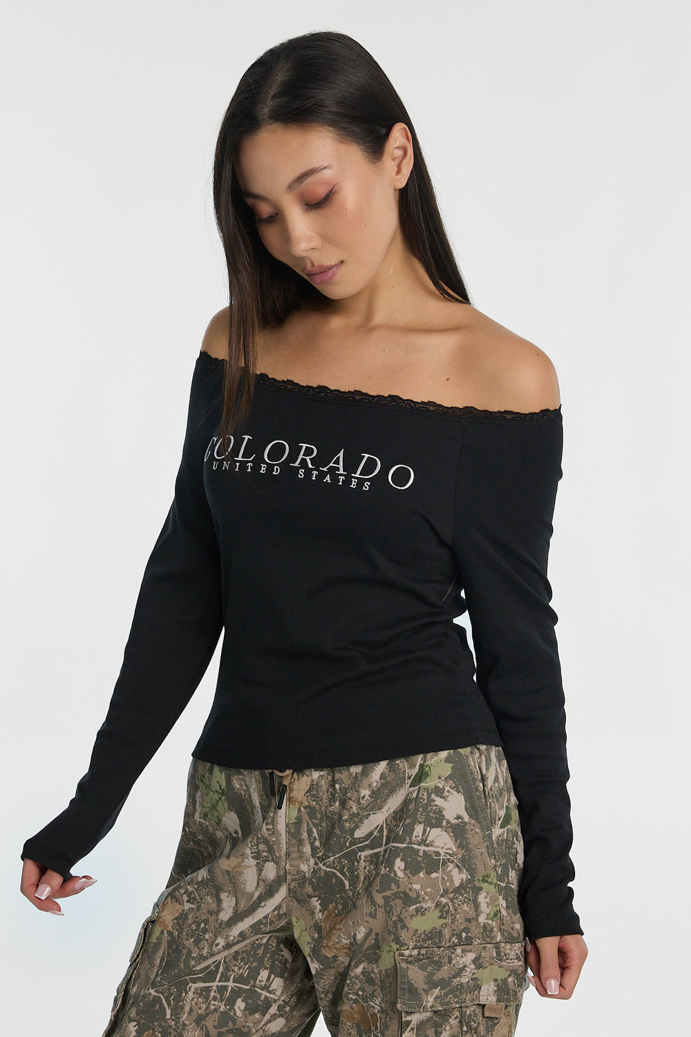 AERO Off-Shoulder Graphic Long Sleeve Top AERO Off-Shoulder Graphic Long Sleeve Top