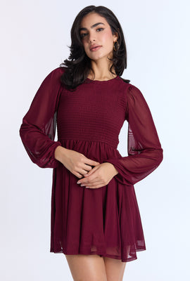 Robe courte à smocks à manches longues AERO