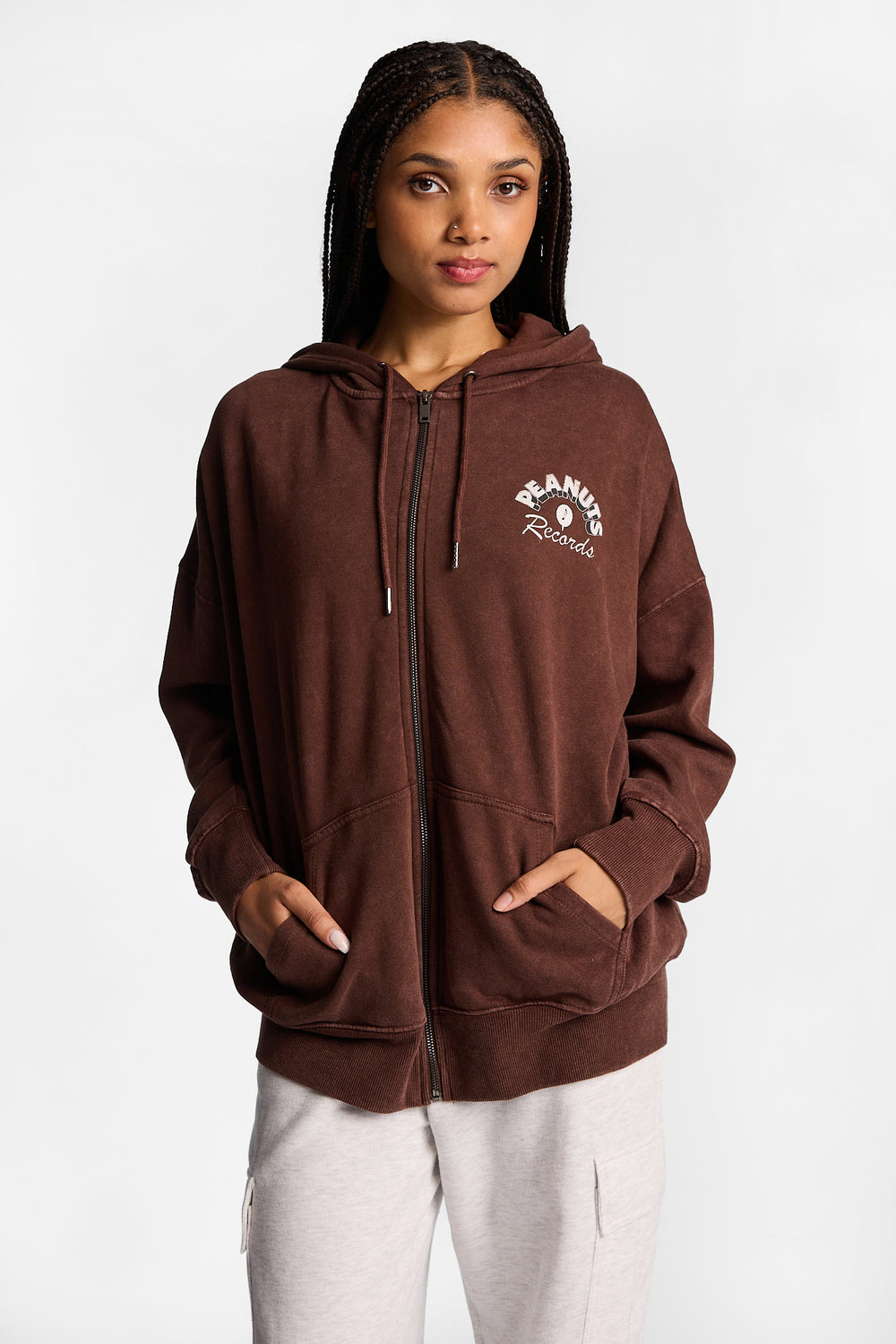 Peanuts Snoopy Hi Fi Records Graphic Washed Oversized Zip-Up Hoodie Peanuts Snoopy Hi Fi Records Graphic Washed Oversized Zip-Up Hoodie