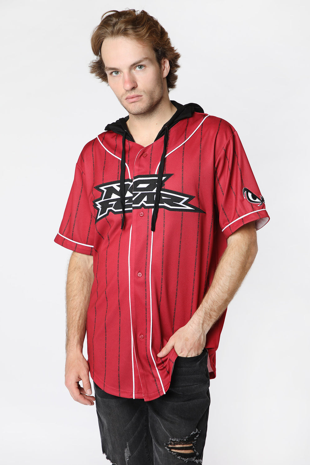 No Fear Mens Hooded Baseball Jersey Red