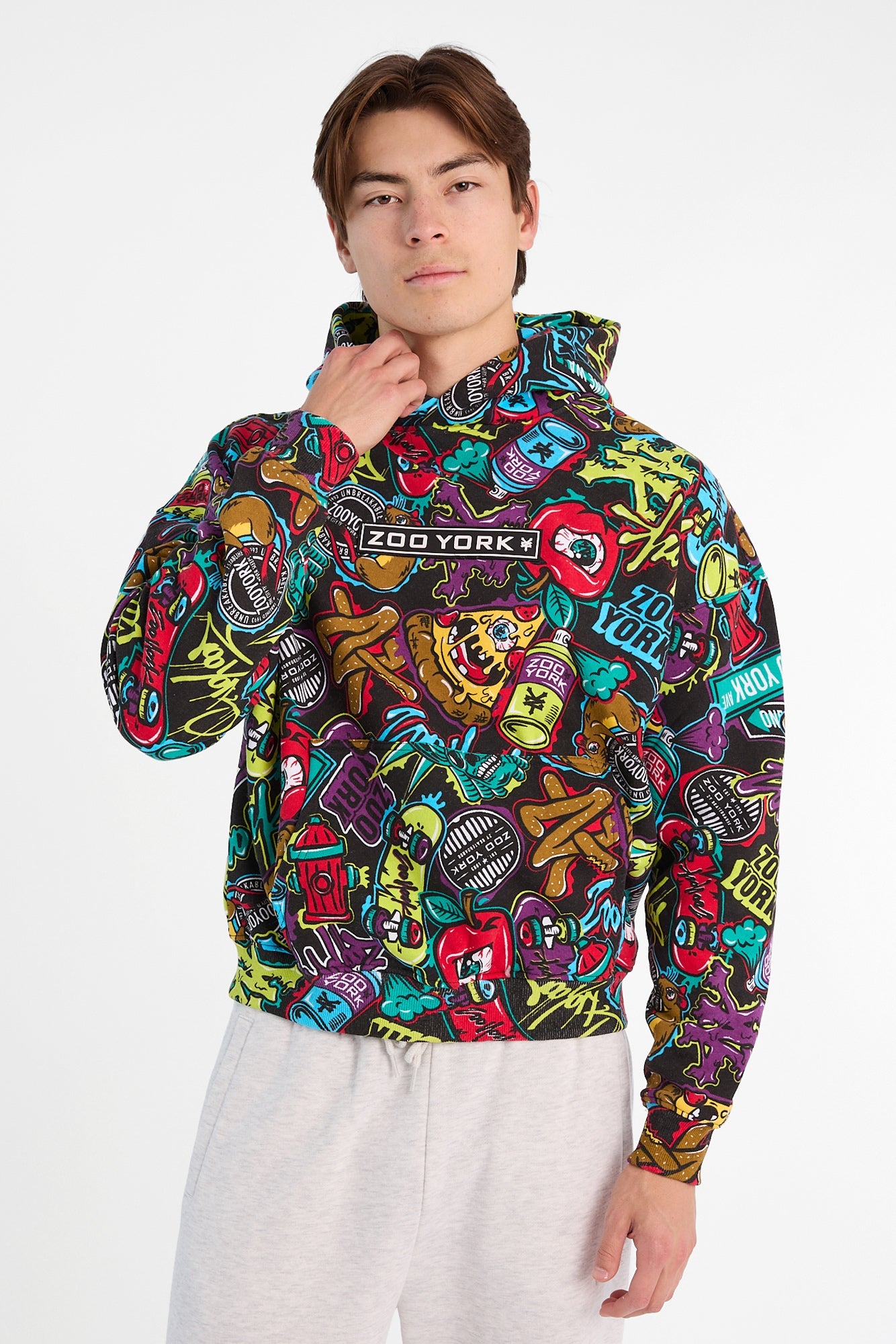 Zoo York New York Boxy Hoodie with colourful all-over graphics